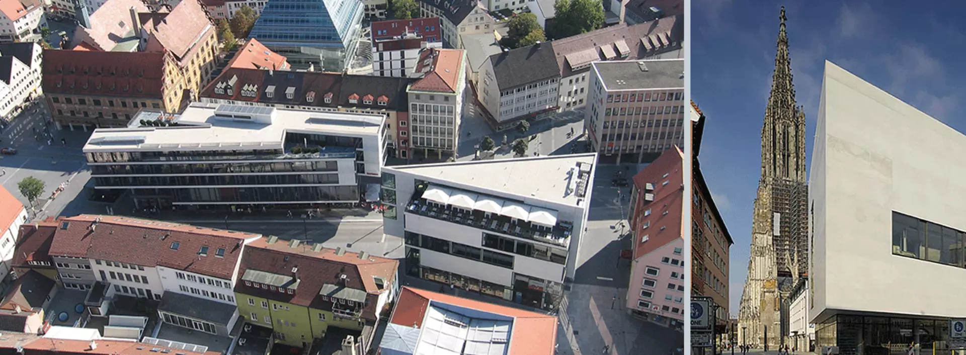 Der moderne Dreiecks-Bau "Münster Tor" mit Blick auf das Ulmer Münster