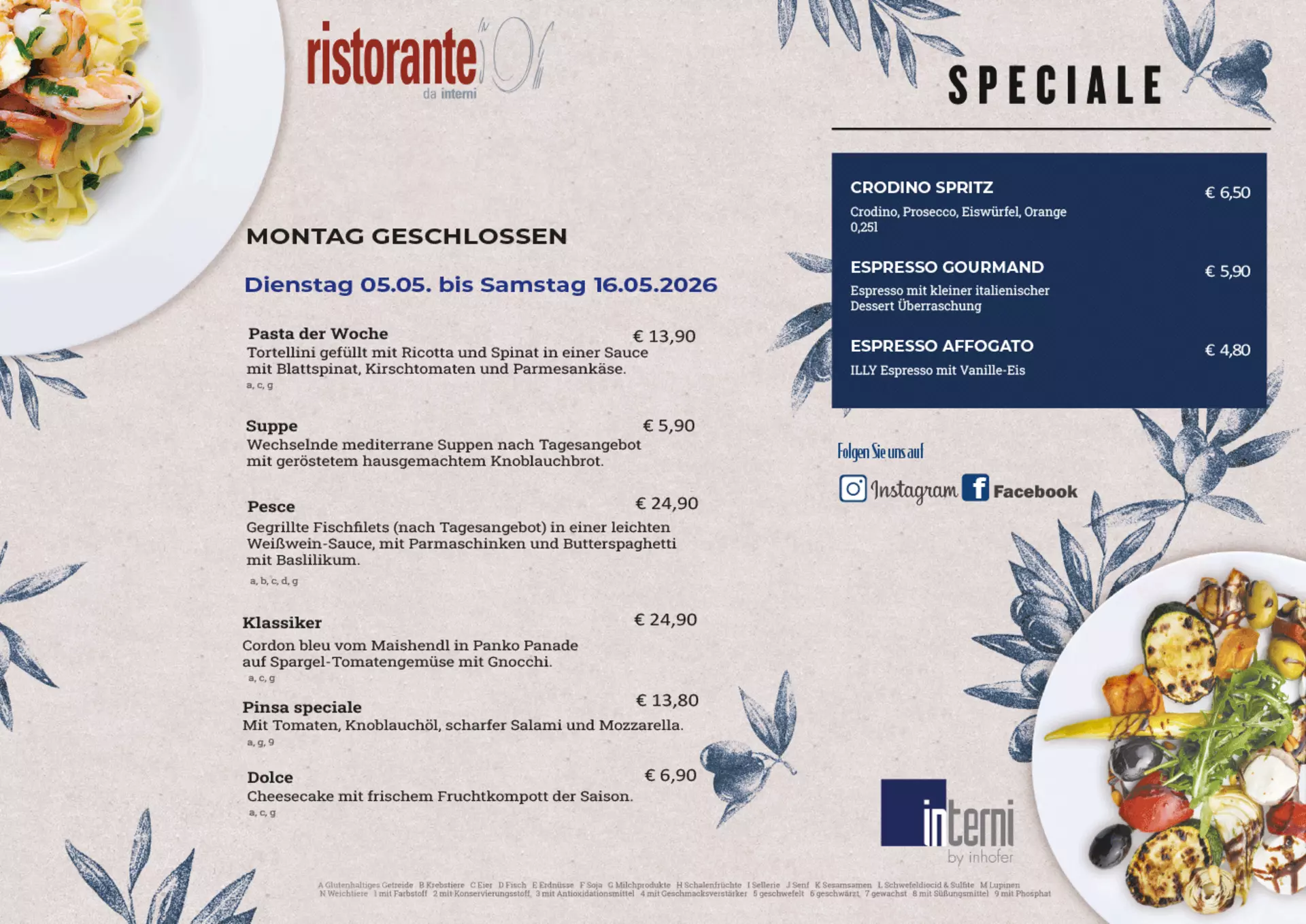 Aktuelle Speisekarte des Ristorante da interni
