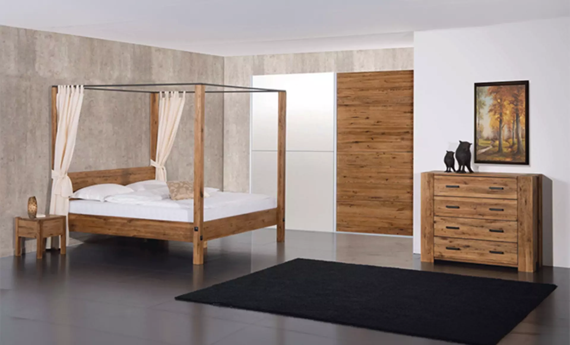 Landhausstil-Schlafzimmer aus massivem dunklen Holz mit Himmelbett und Alpen-Stil