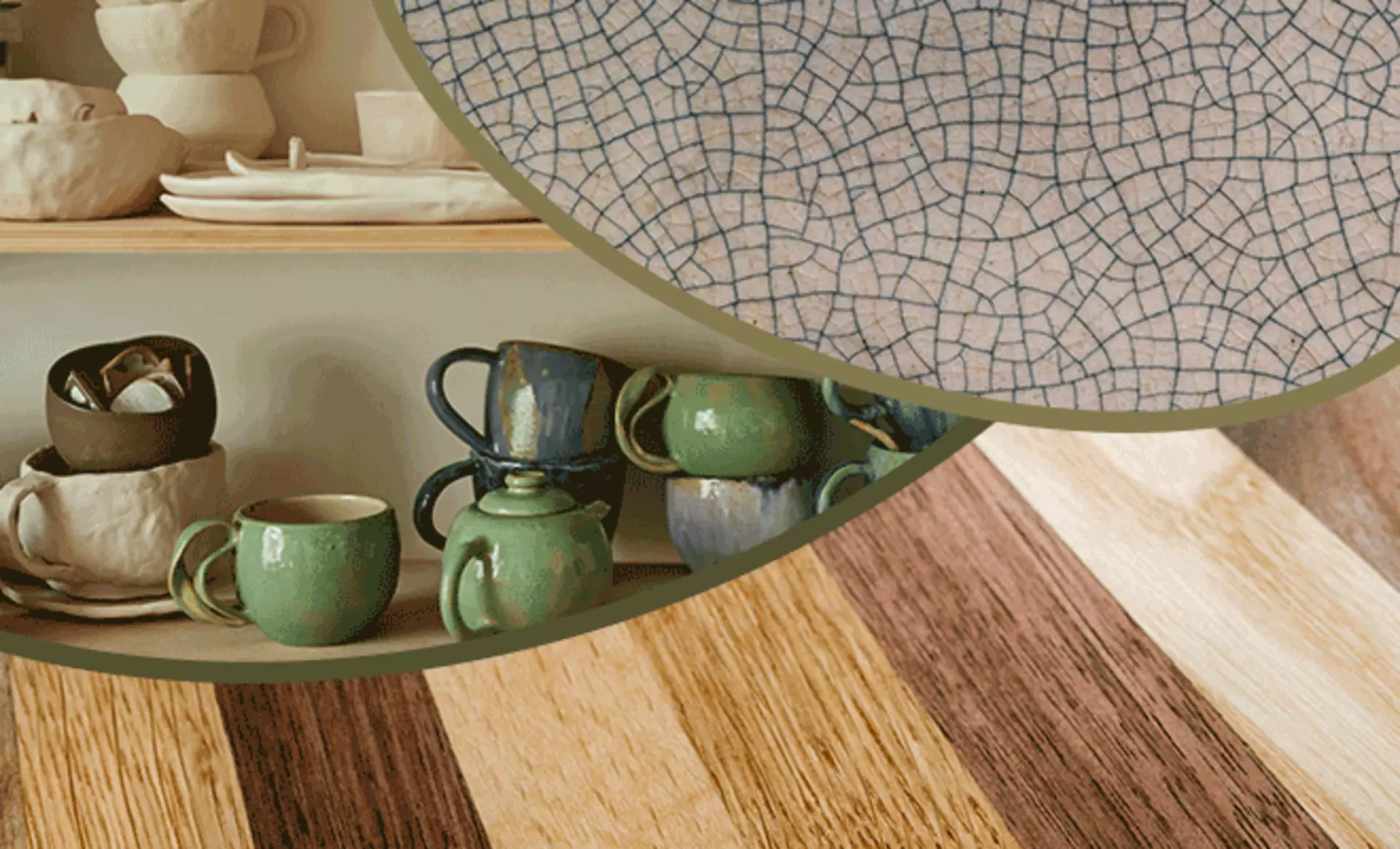 Collage aus natürlichen Materialien wie Holz, Stein und Keramik für einen modernen und natürlichen Wohnstil.