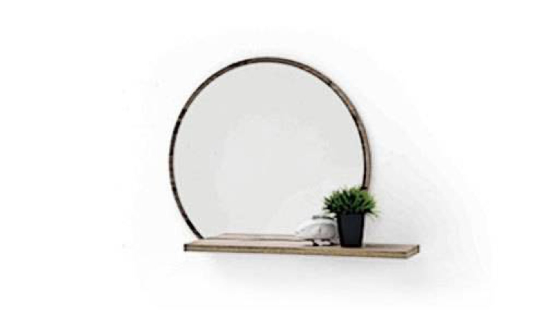 Garderobenspiegel als Icon für alle Spiegel innerhalb "Flur und Garderoben". Hier abgebildet ist ein runder Spiegel mit dezentem Holzrahmen und fest verbundenem Holzbrett unten, als Ablage für diverse Utensilien.