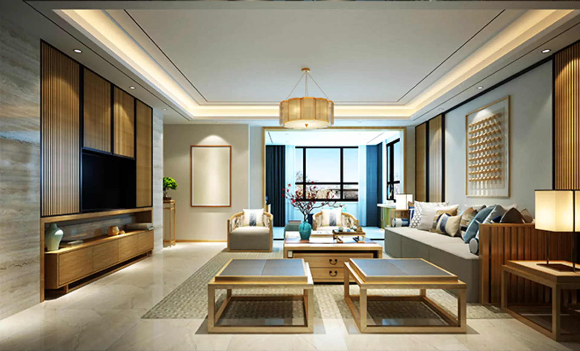 Geräumiges gut ausgeleuchtetes Designer-Wohnzimmer mit indirekter und direkter Beleuchtung und großem Wohnzimmertisch