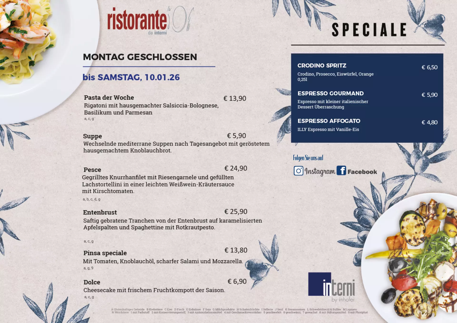 Aktuelle Speisekarte des Ristorante da interni