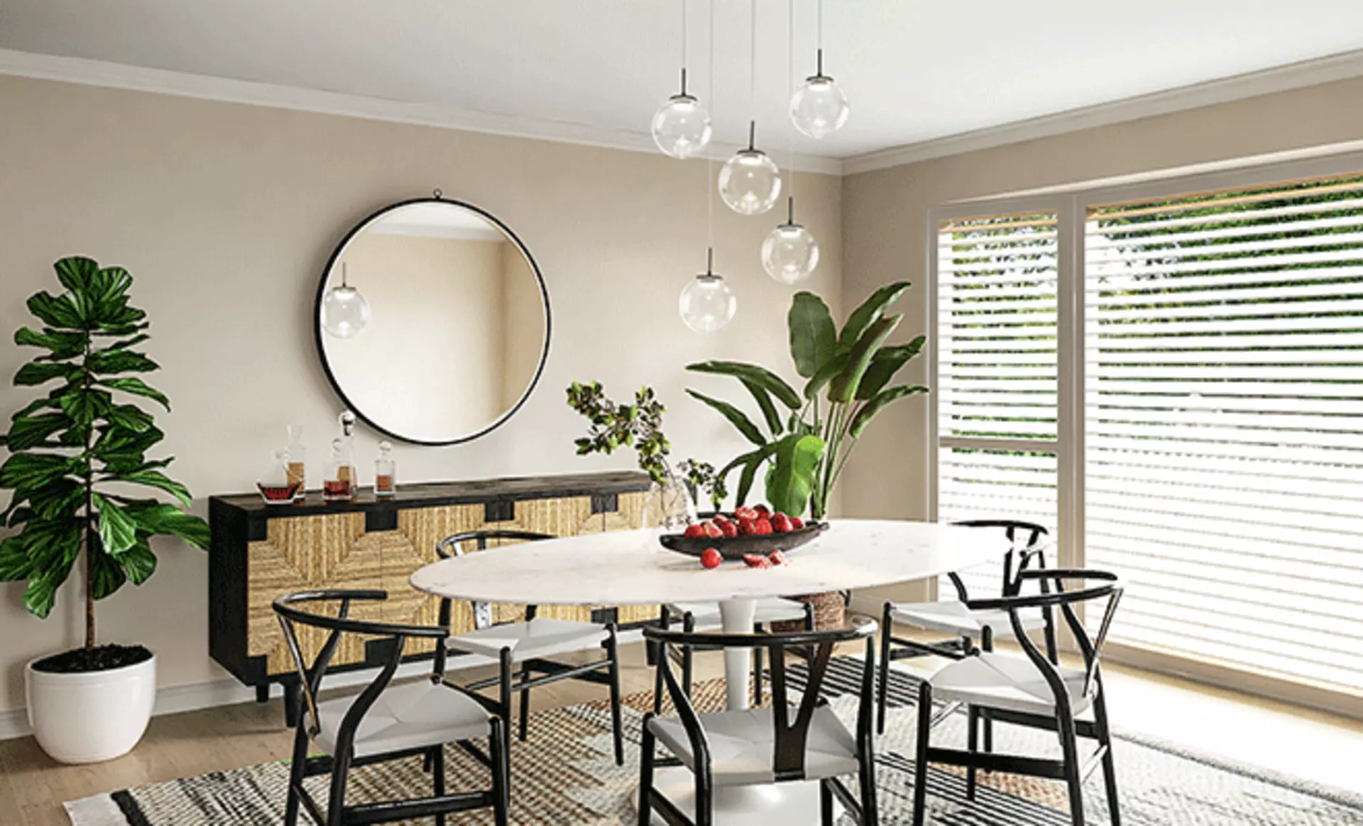 Essbereich im Boho-Stil mit runden Pendelleuchten von Fabas Luce.