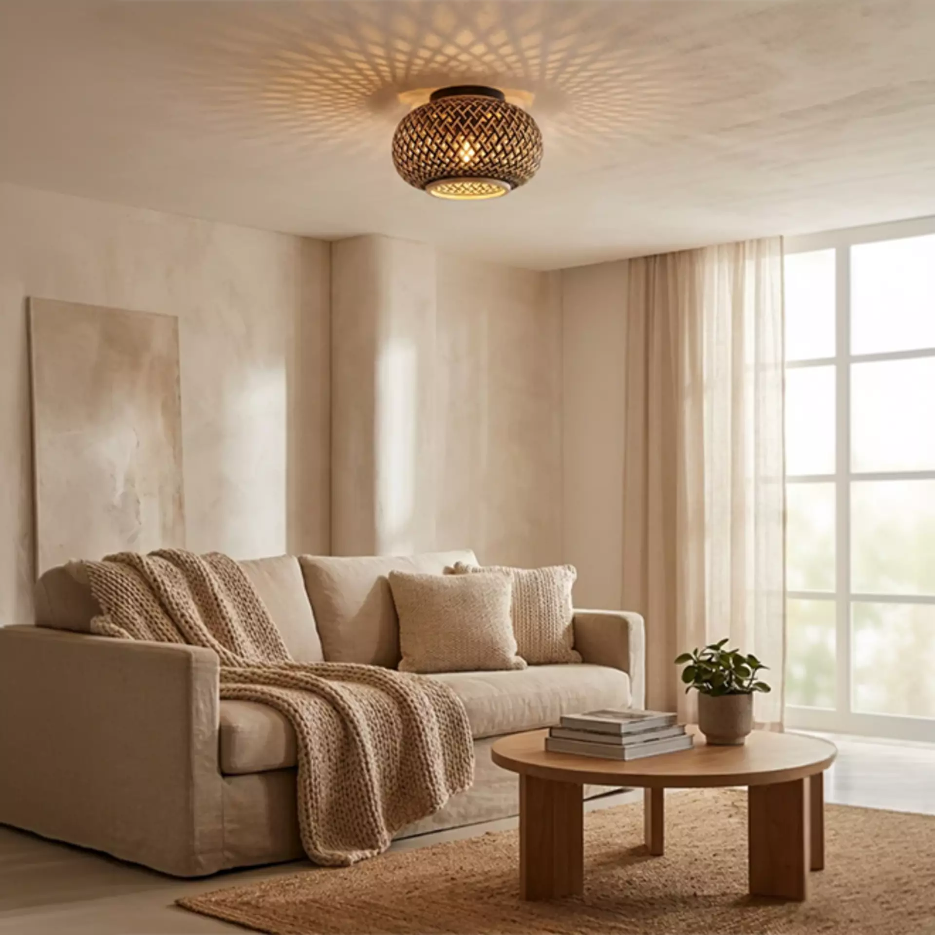 Schöne Wohnzimmer-Deckenleuchte mit geflochtenem Lampenschirm