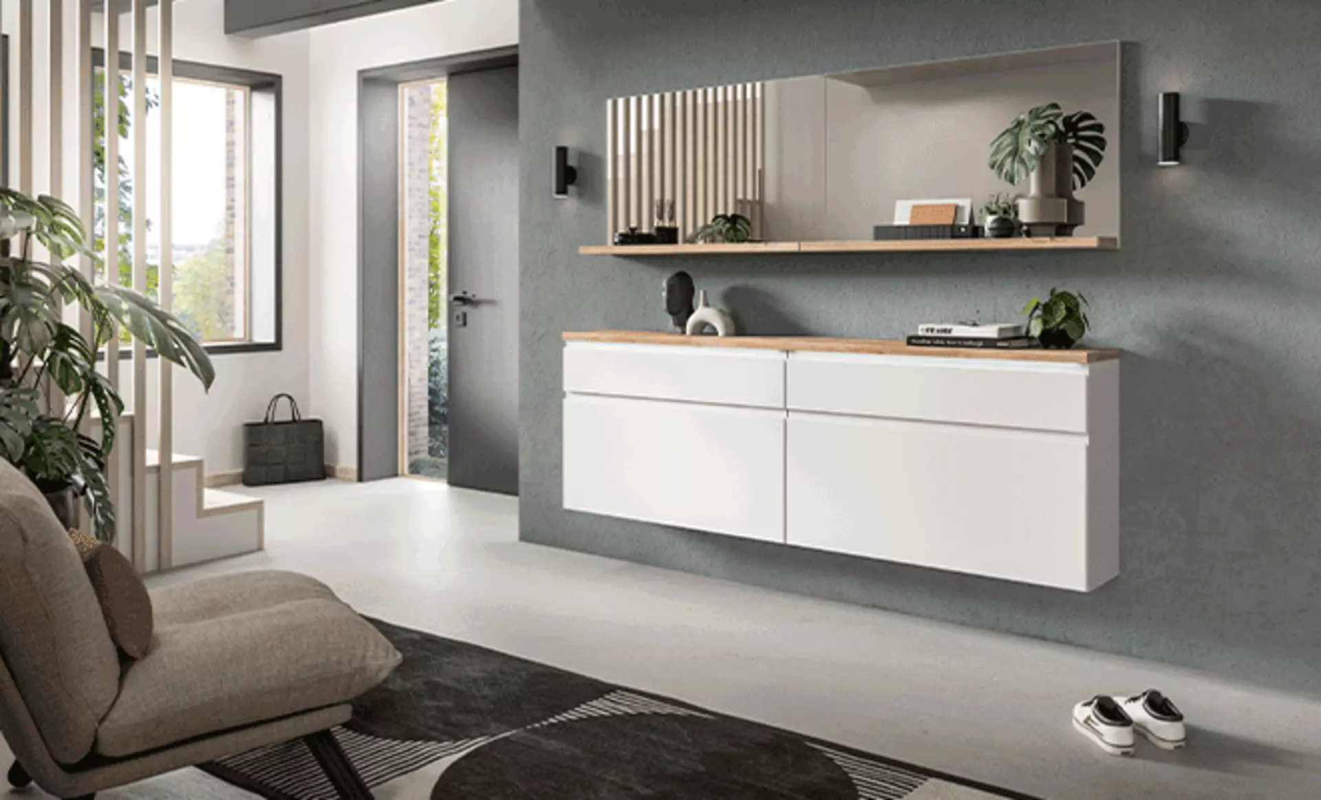 Minimalistische Garderobe in Weiß mit großem, rechteckigem Spiegel