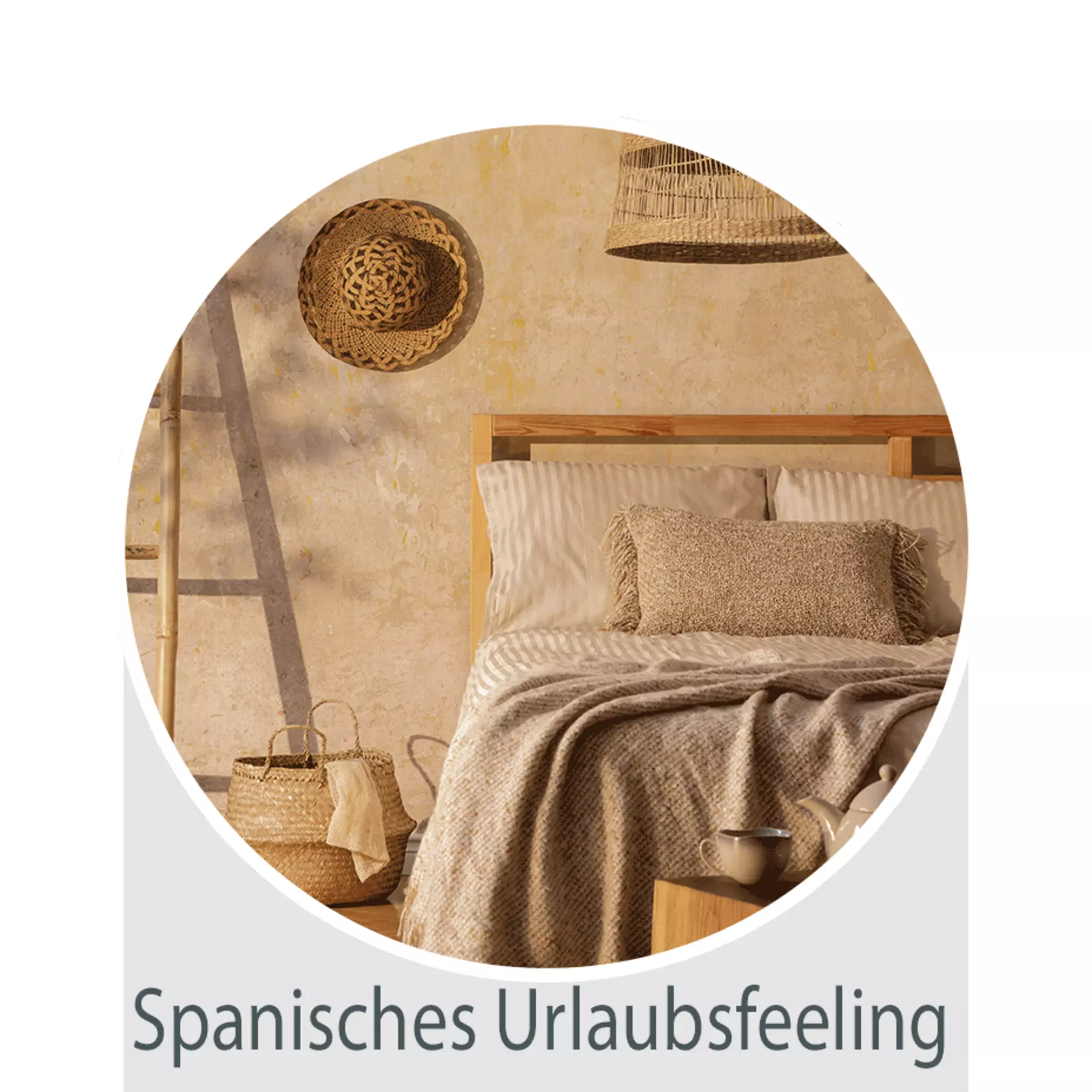 Spanisches Urlaubsfeeling: rundes Bild mit mediterranen Schlafzimmer