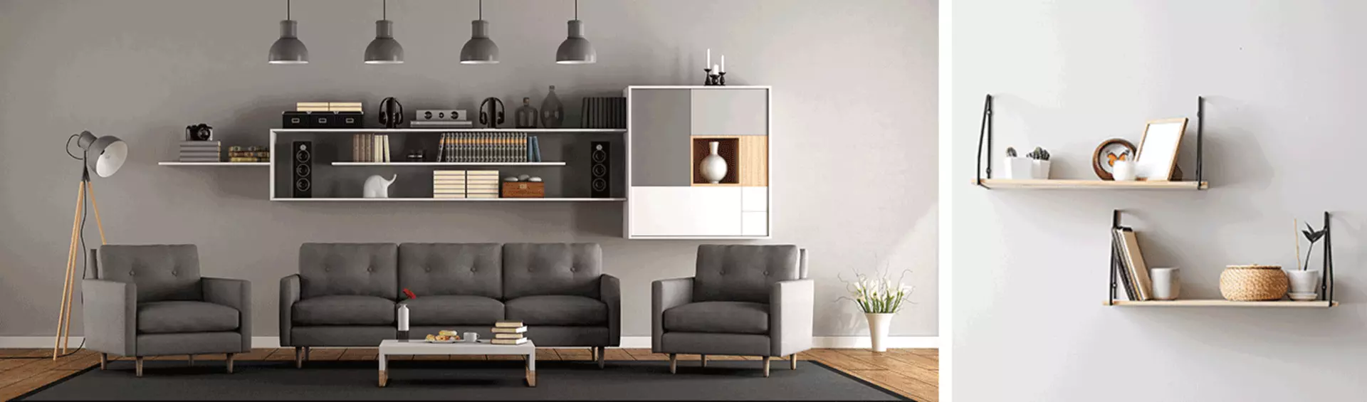 Wohnzimmer mit grauer Couch, weißen und braunen Regalen und anderen Anthrazittönen.