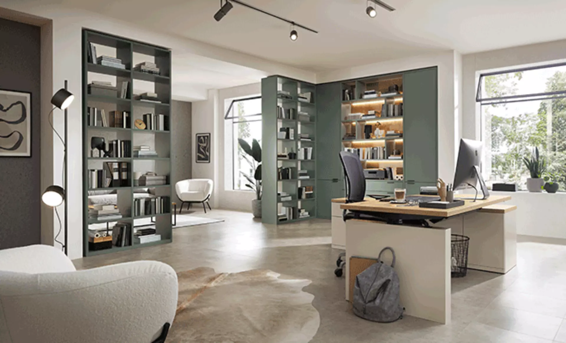 Bücherregale als Raumtrenner für minimalistisches Home Office