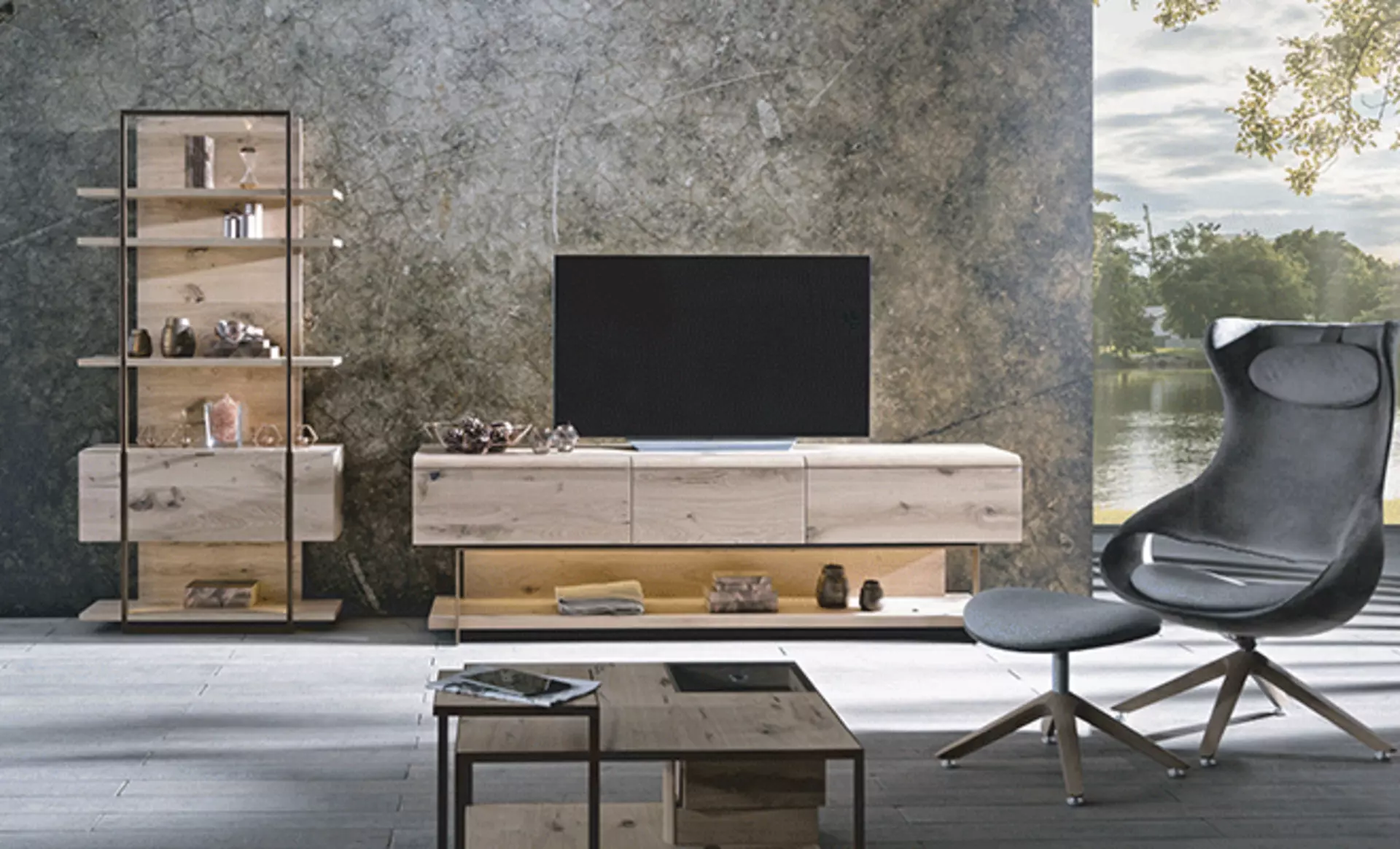 Wohnzimmer in Naturfarben und Holzmöbeln