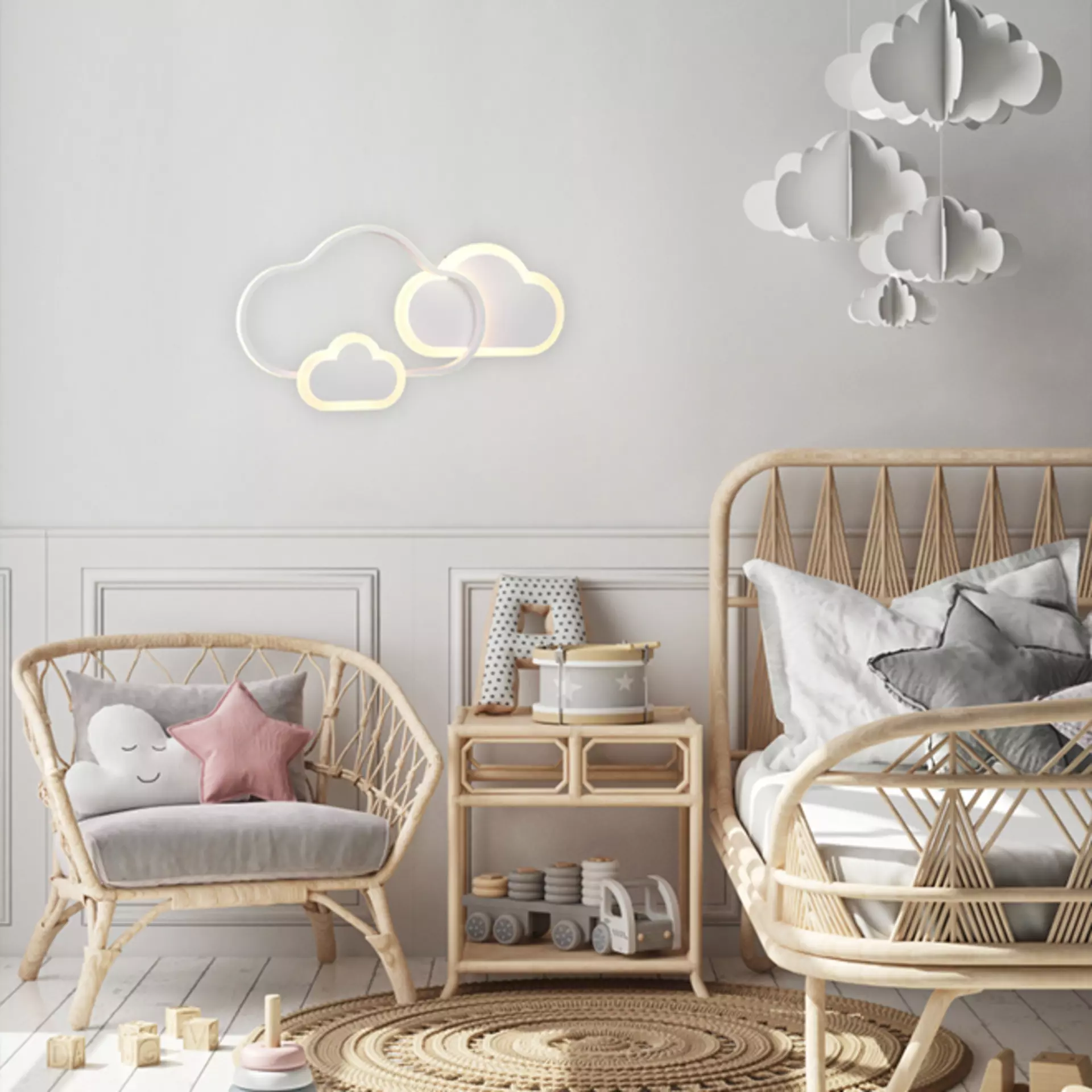 Die Cloudy Wandleuchte von Realiti Leuchten in einem skandinavisch eingerichteten Kinderzimmer