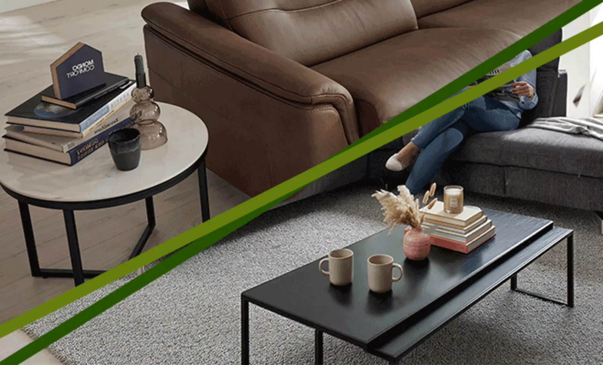 Collage mit rundem Marmor-Couchtisch und rechteckigem schwarzem Couchtisch in verschiedenen Wohnsituationen