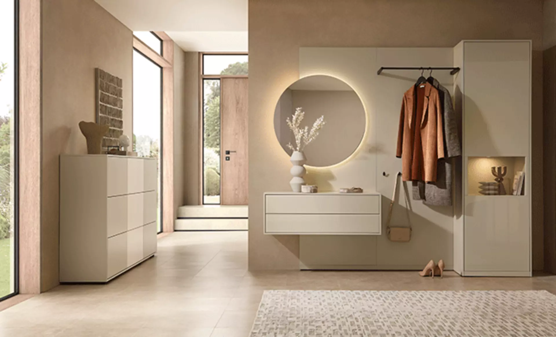 Helle Garderobenmöbel für ruhige Optik im Flur.