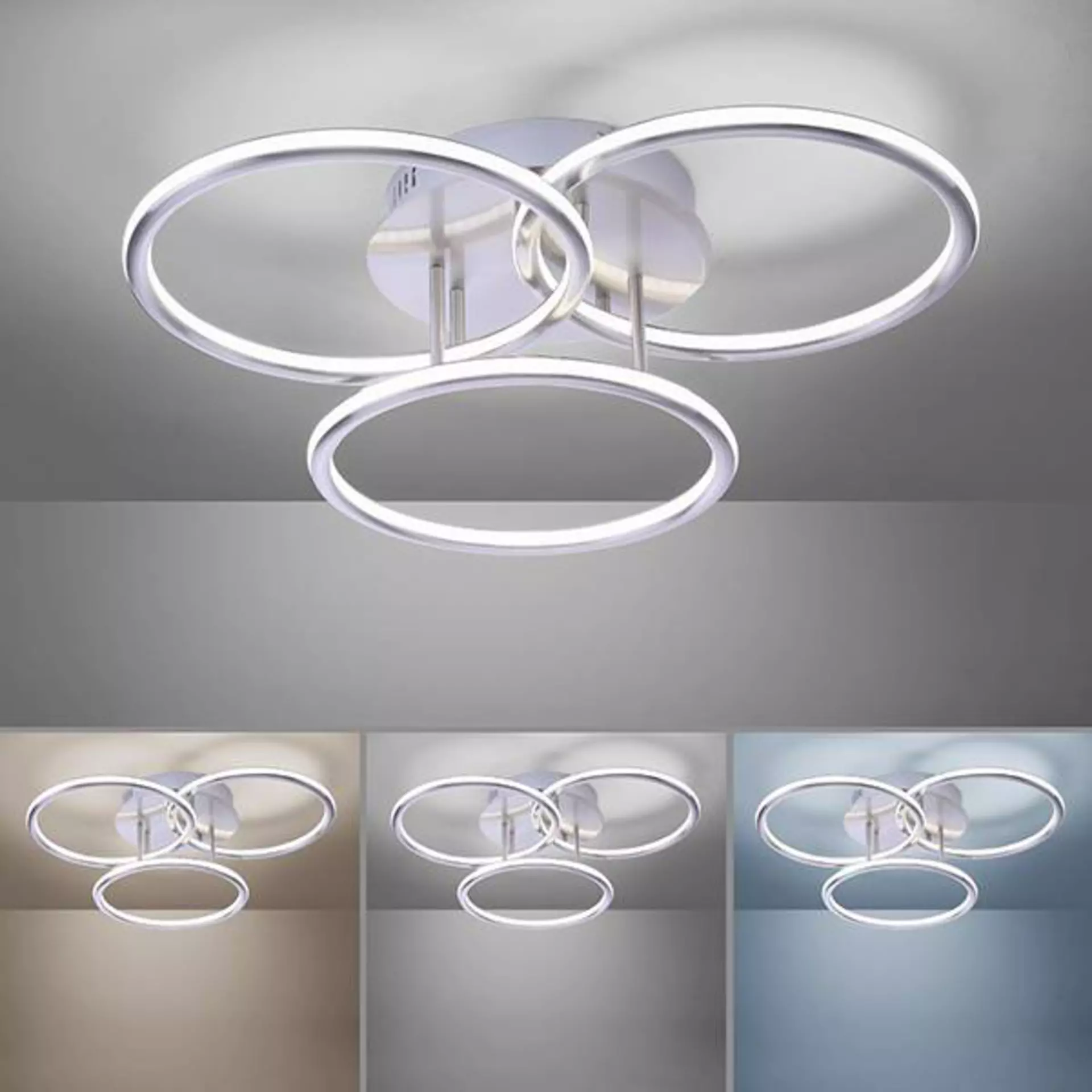 Hauptbild ist eine moderne Lampe aus drei Leuchtkreisen. Sie strahlt hell weiß. Darunter ist die gleiche Lampe kleiner in verschiedenen Leuchtfarben abgebildet.