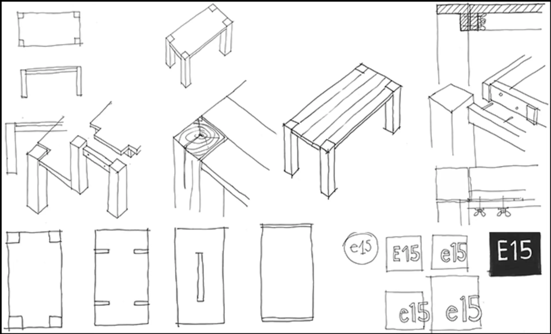 Zeichnungen des Bigfoot Esstisch und des e15 Logos