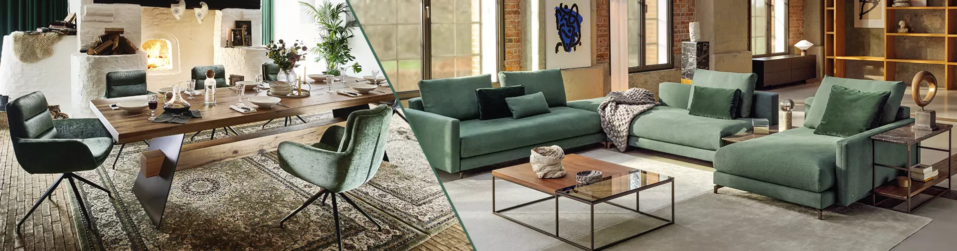 Entdecken Sie mit uns den Japandi 2.0 Wohntrend. Dieser Banner zeigt eine großzügige Wohnlandschaft in Salbei-Grün, sowie eine Esszimmergarnitur mit massivem Holztisch und ebenfalls Salbeigrünen Stühlen.