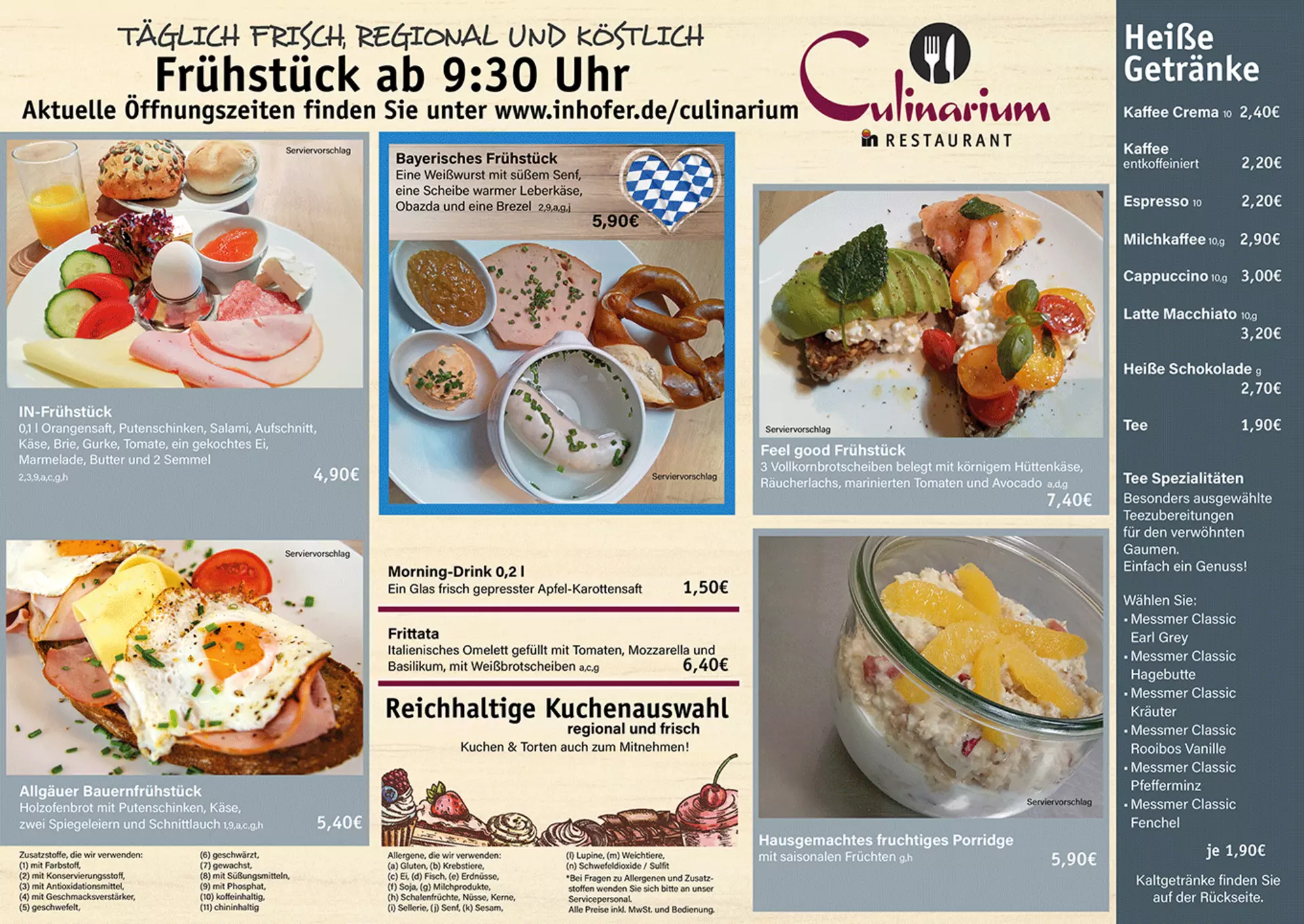 Aktuelle Frühstückskarte im Restaurant Culinarium