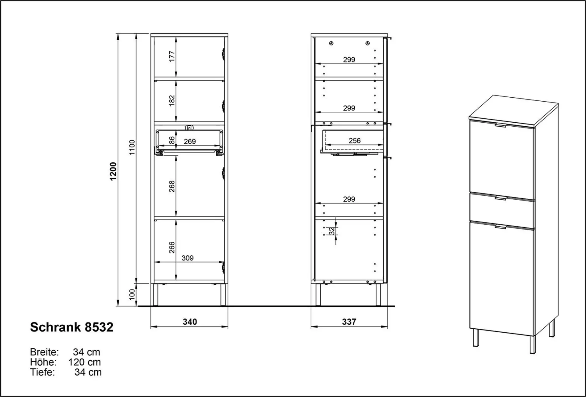 Möbel ca. x x weiß Midischrank | Inhofer cm 34 34 120