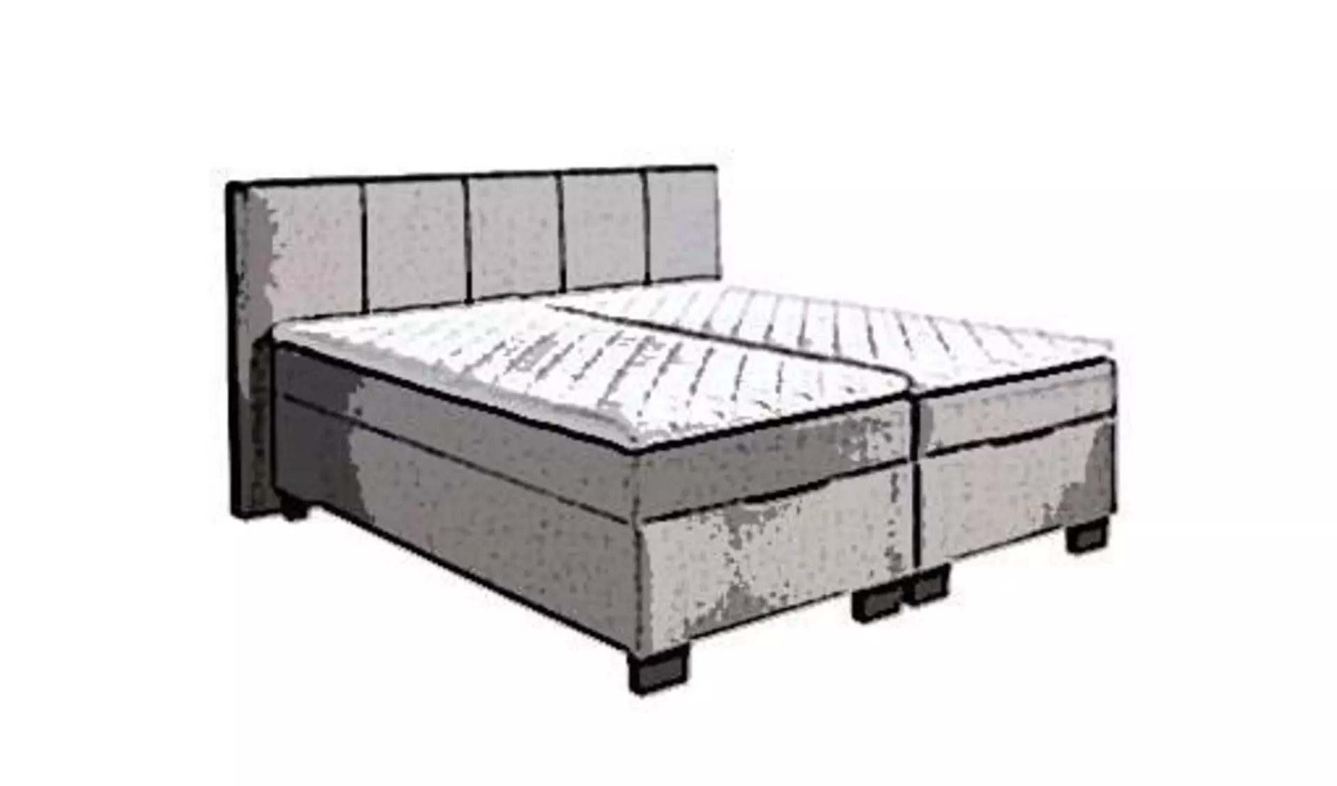 Stilisiertes Boxspringbett mit gepolstertem Kopfteil in Grautönen als Sinnbild für die in der Kategorie enthaltenen Boxspringbetten.