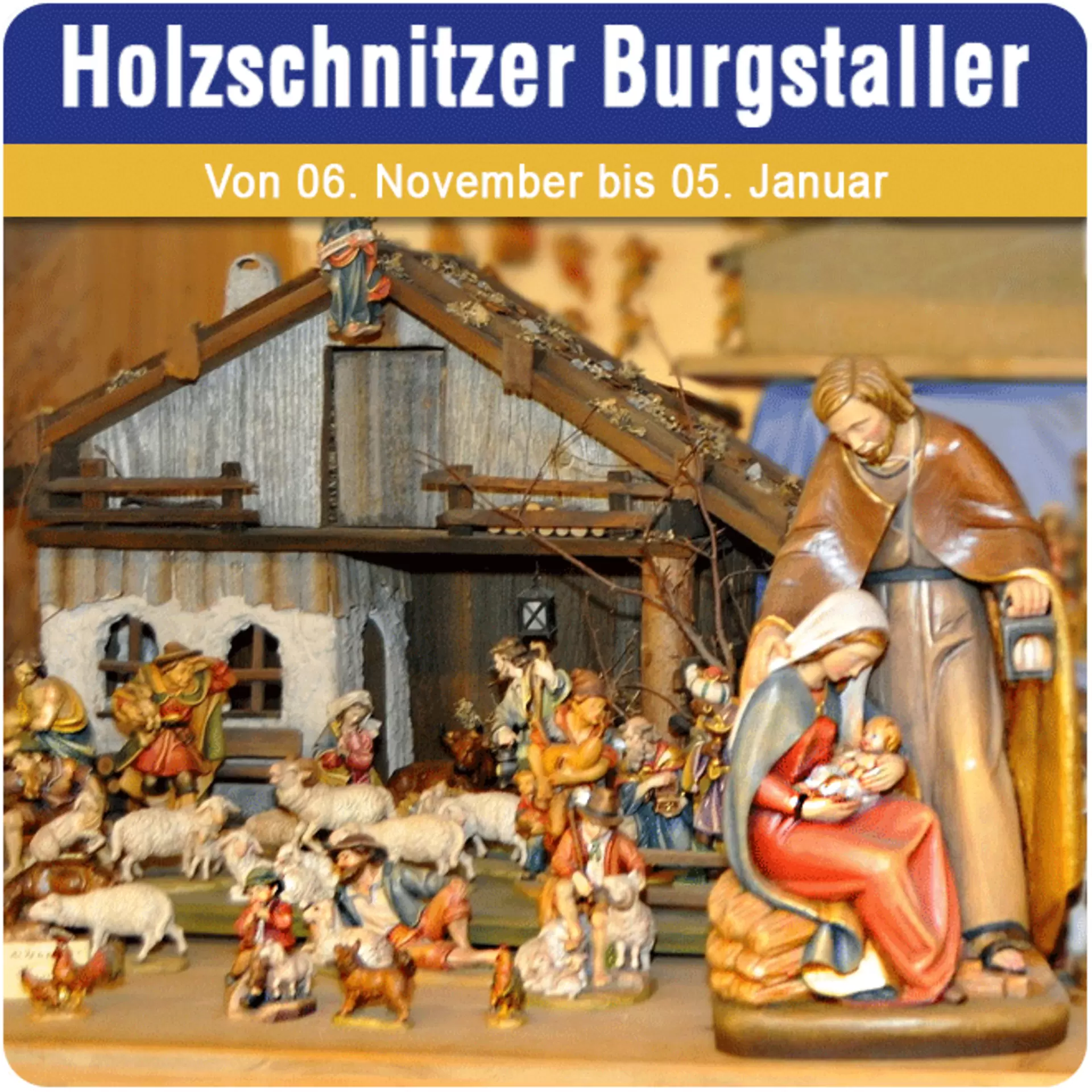 Krippenfiguren vom Tiroler Holzschnitzer Burgstaller auf dem Möbel Inhofer Weihnachtsmarkt in Senden