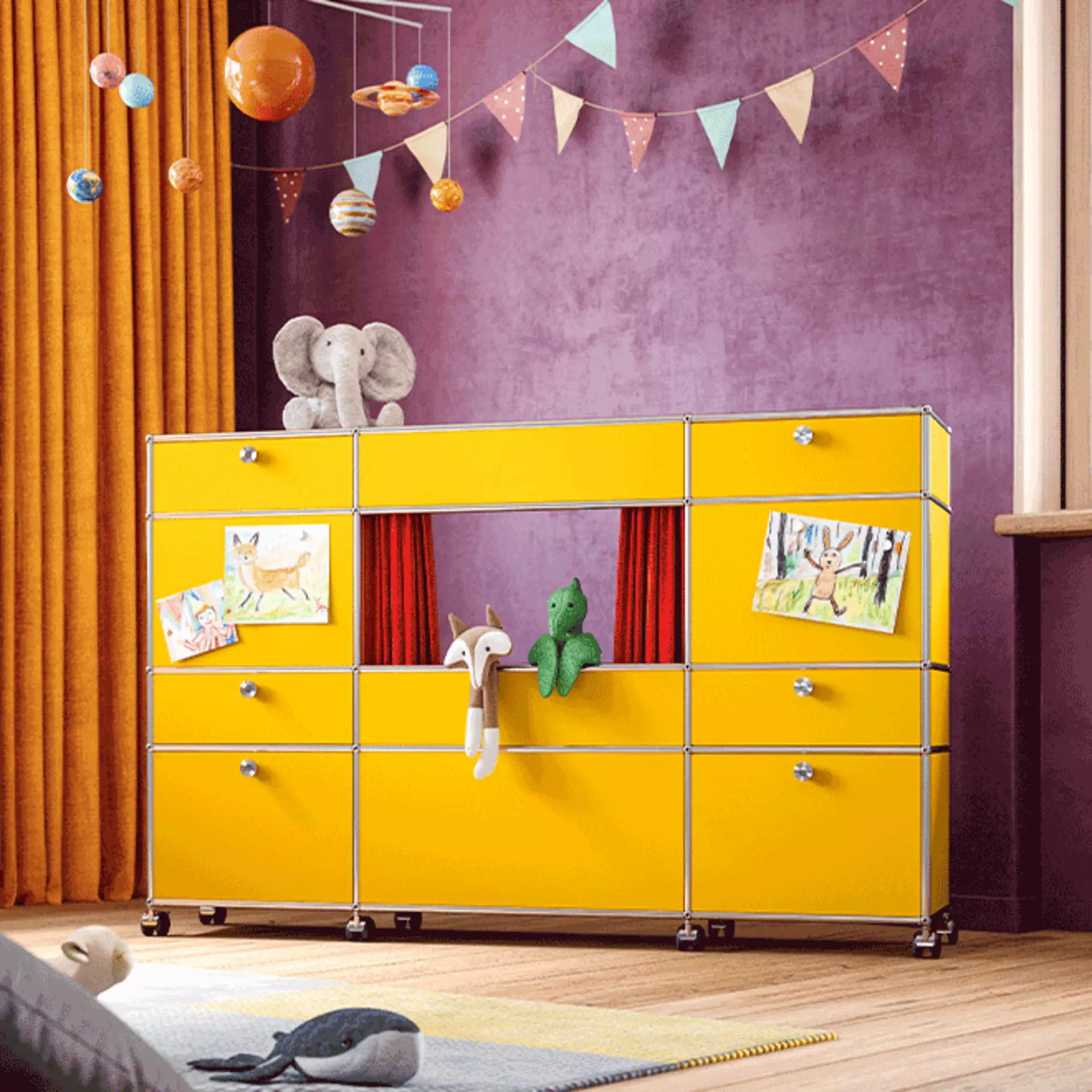 Gelbe USM Haller Kommode im Kinderzimmer mit viel Stauraum für Spielsachen