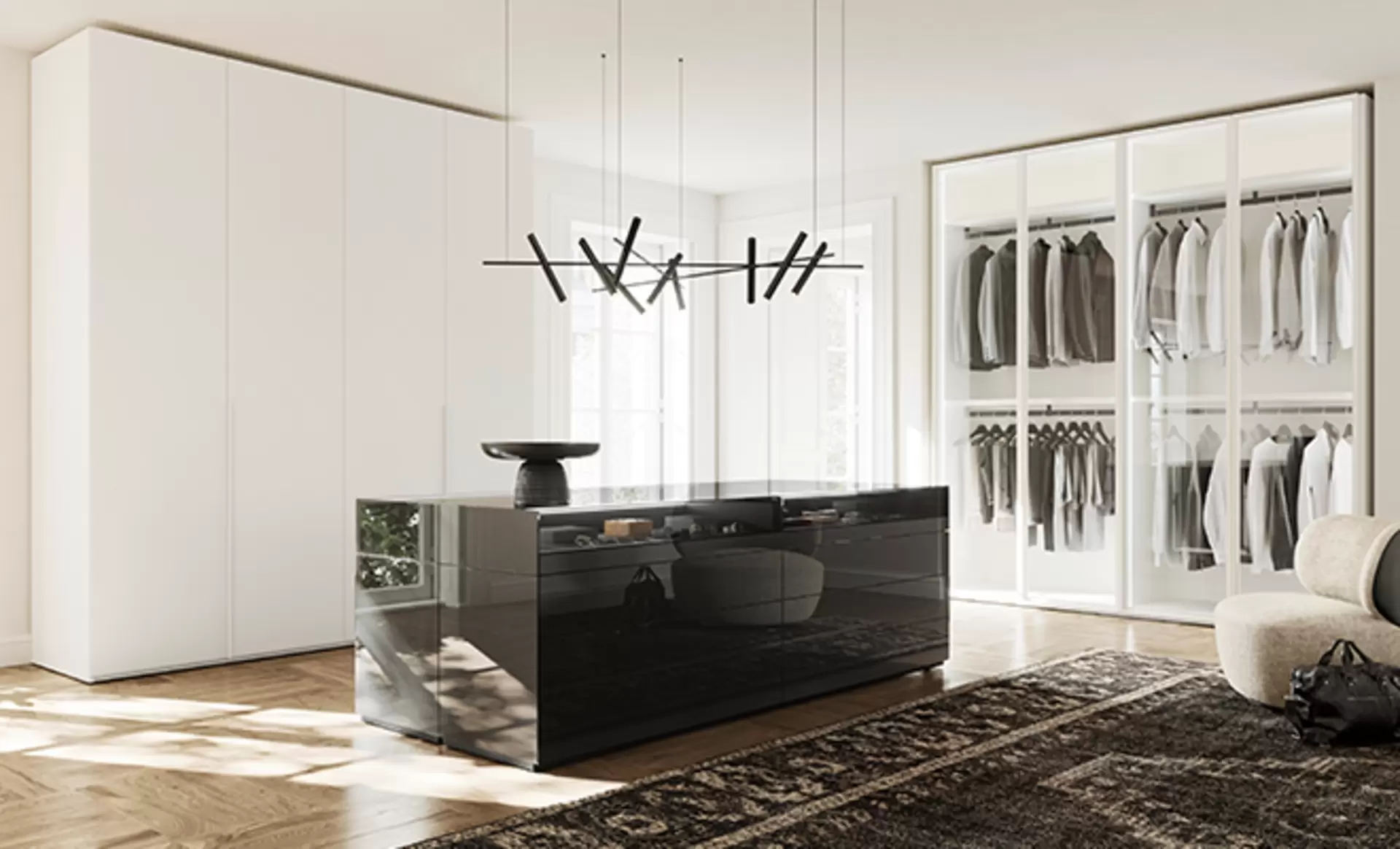 Verschiedene Schranksysteme der Soma Serie von Kettnaker mit Schrank-Insel in glänzendem Schwarz, sowie zwei Schränken mit weißer- und Glas-Front