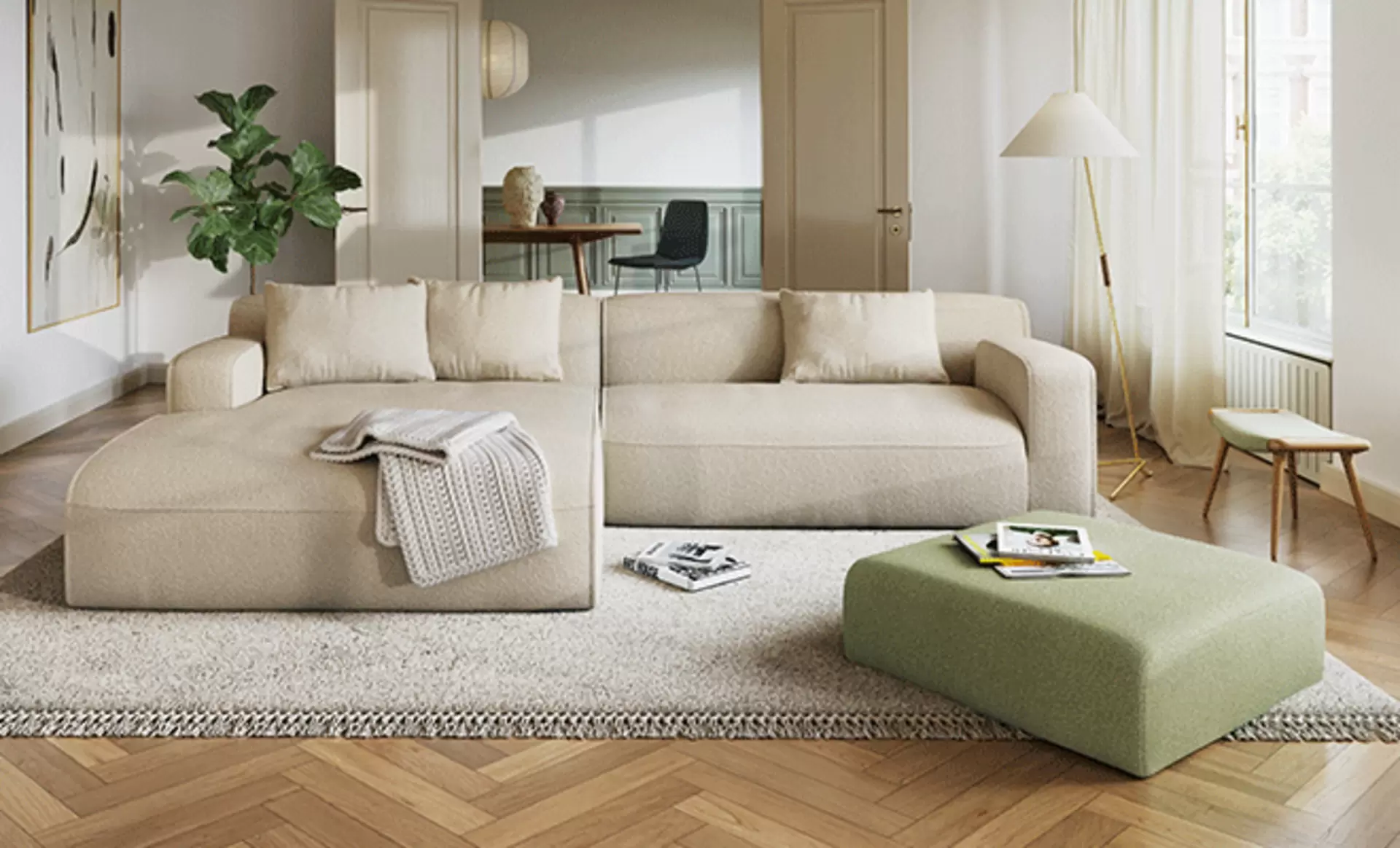 Das neue Sofa freistil 121 mit hellem Stoffbezug in der Ausstellung bei Möbel Inhofer