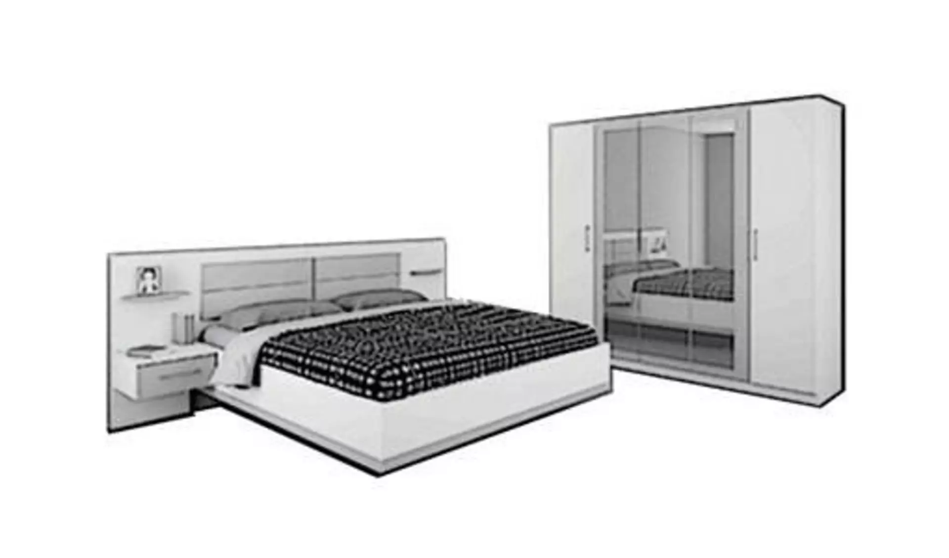 Icon für die Kategorie Schlafzimmer. Das Schlafzimmer wird durch eine Doppelbett mit integrierten Ablagen, sowie einem großen Kleiderschrank dargestellt.