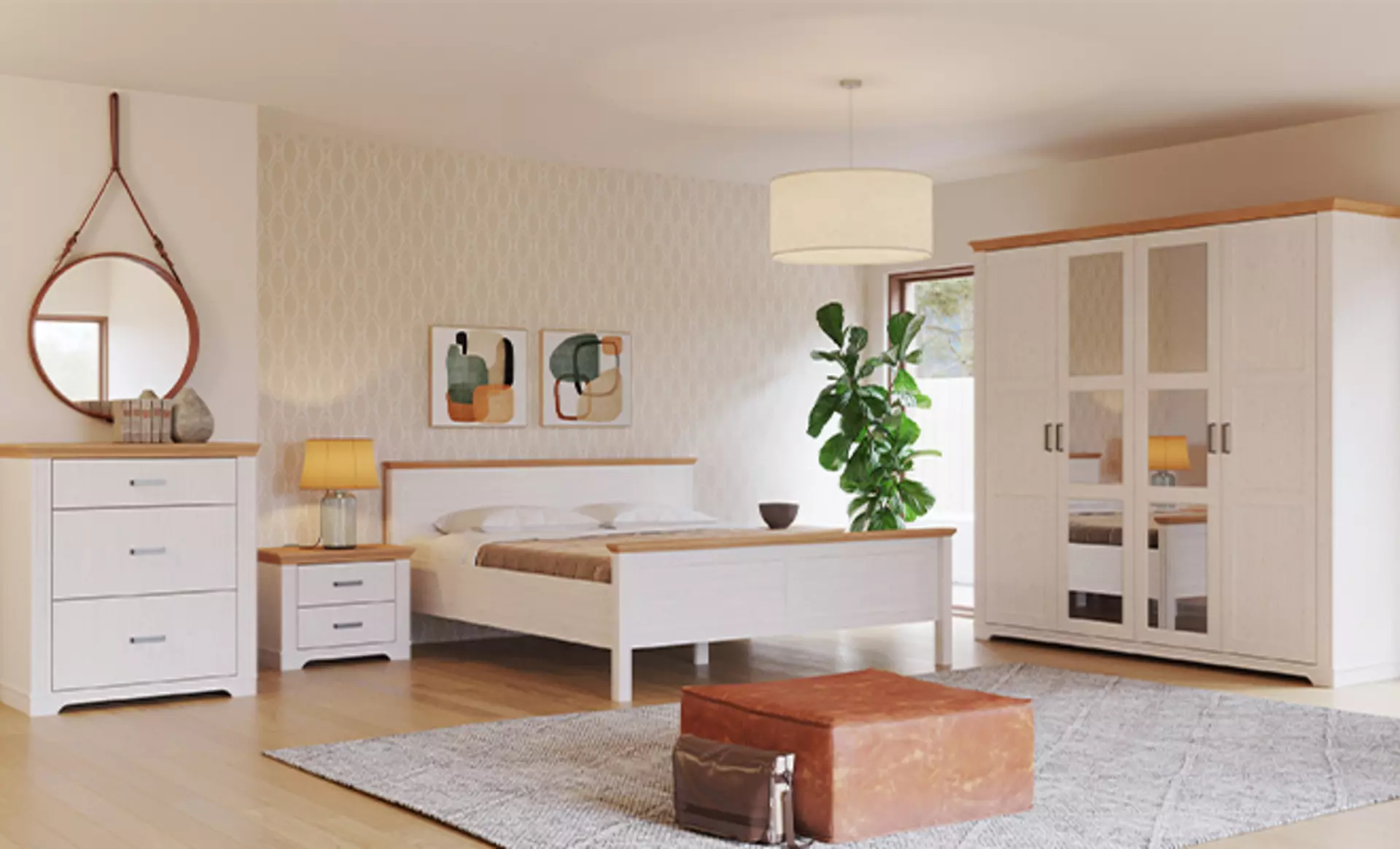 klassisches skandinavisches schlafzimmer in weiß mit massivholzteilen an der oberkante 