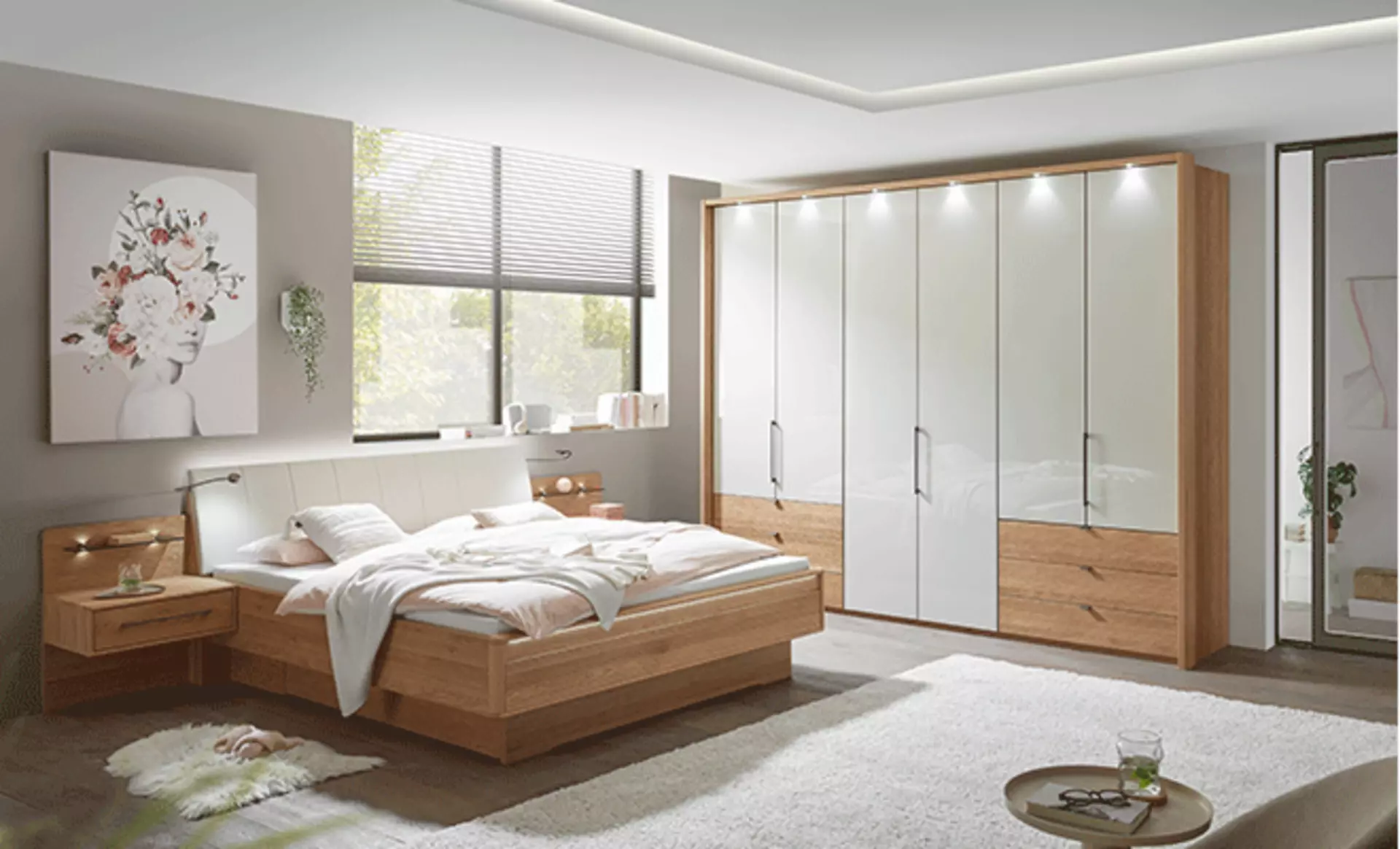 Schlafzimmer mit Schrank in weißer Landhausstil - Holzoptik