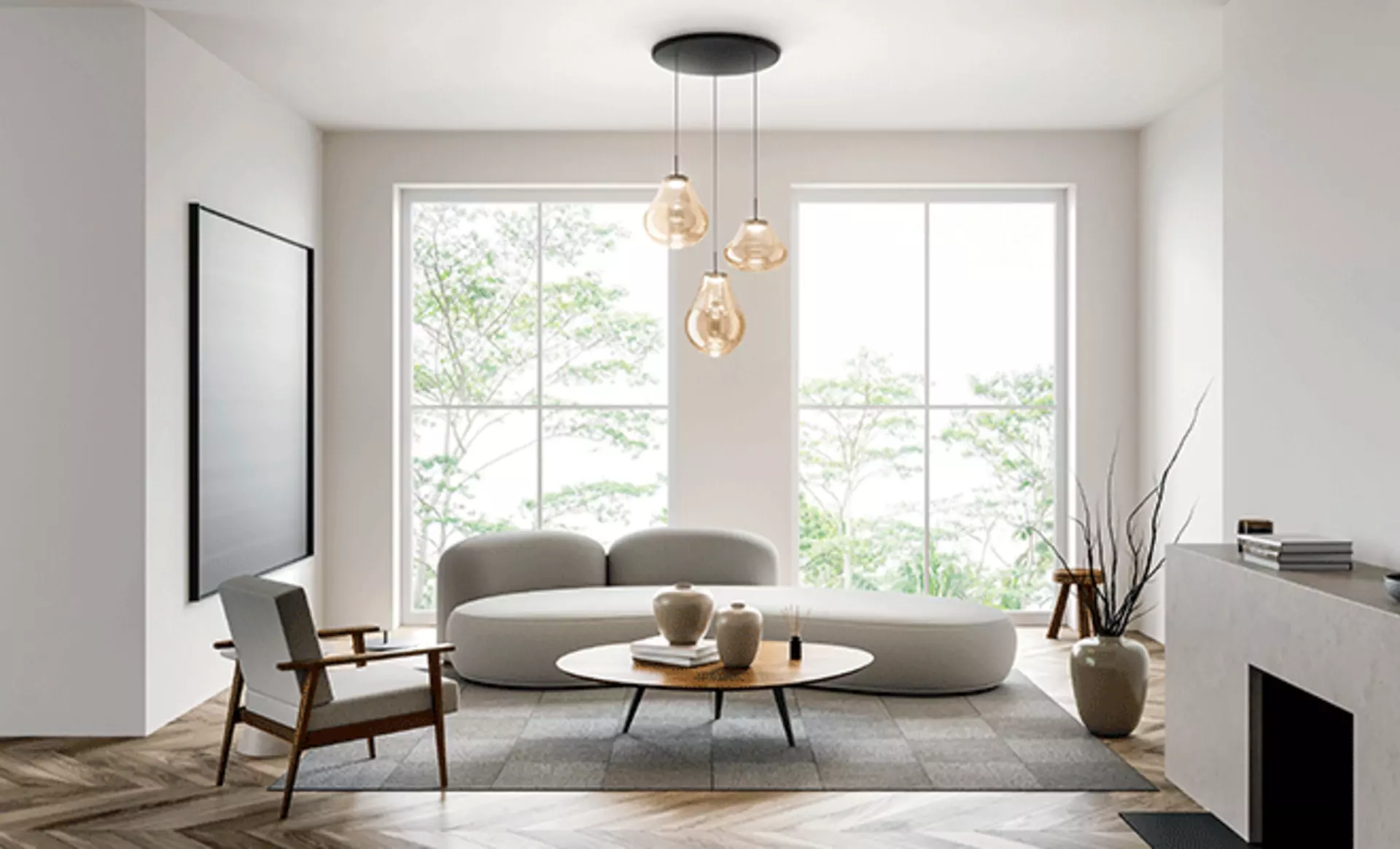 Minimalistischer Wohnbereich im skandinavischen Stil mit unterschiedlich geformten Pendelleuchten von Fabas Luce.