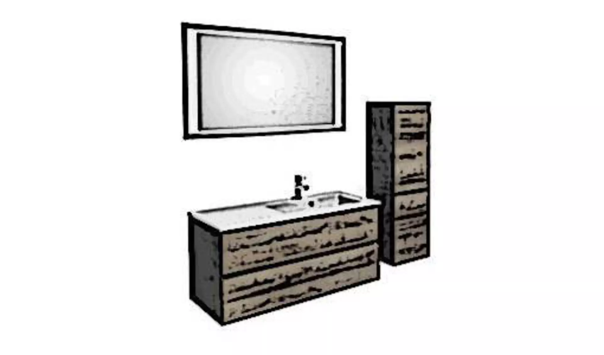 Badezimmerset aus Holz, bestehend aus Waschtisch inkl. eingelassenem weißen Keramikwaschbecken, beleuchtetem Wandspiegel und einem Schrank.