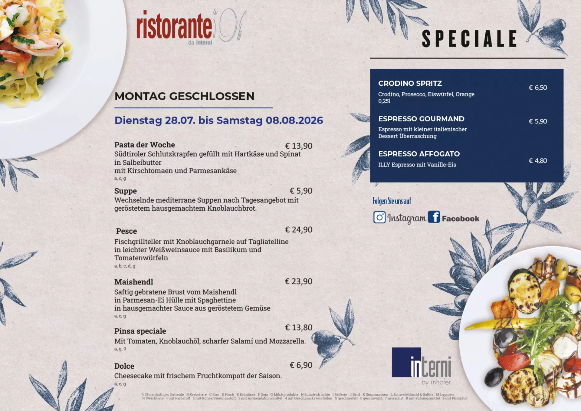 Aktuelle Speisekarte des Ristorante da interni