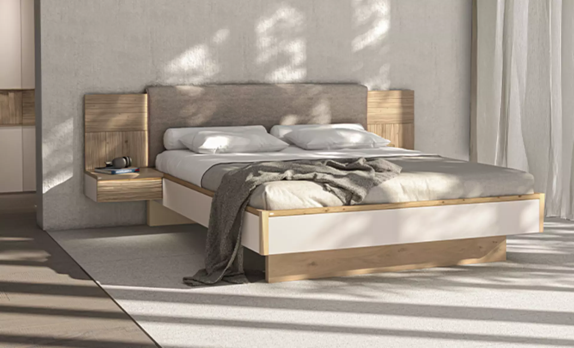 Individuell konfiguriertes Ehebett mit integrierten Nachttischen