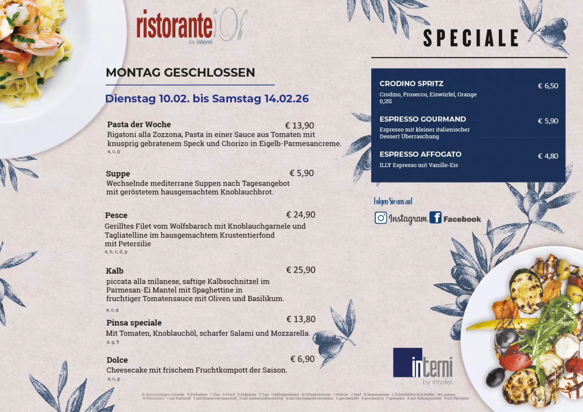 Aktuelle Speisekarte des Ristorante da interni