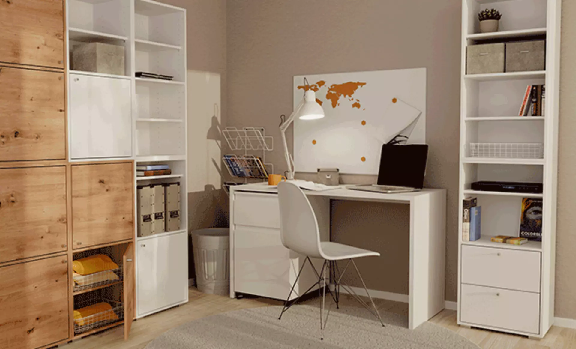 Minimalistisches Bürozimmer das mit Regalen Ausgestattet ist 