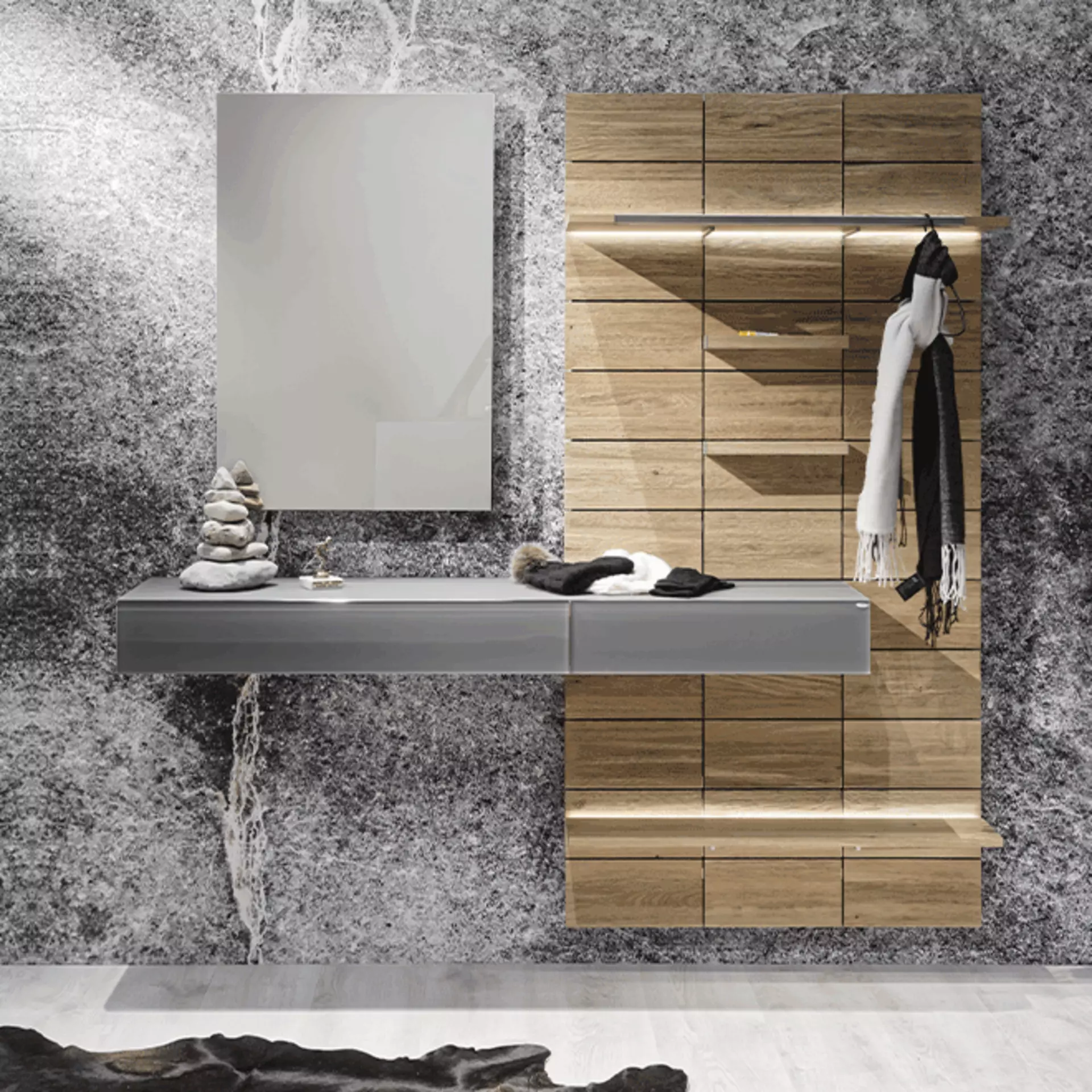 Garderobe mit klaren, geometrischen Formen