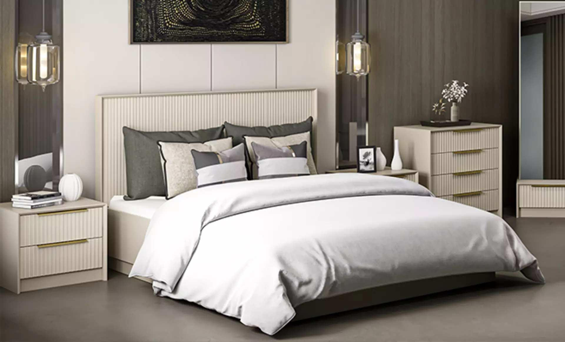 Ein edlels Bett in beige mit vielen Dekokissen und einer großen umgeschlagenen Decke