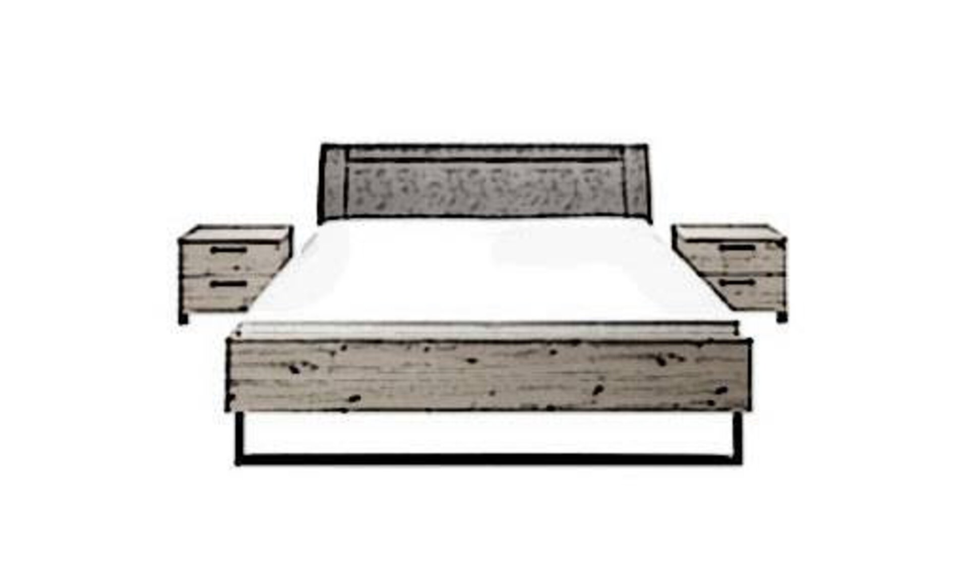 Bett mit Holzgestell, Kopfstütze und Nachttischen links und rechts des Betts zeigt stilisiert die in der Produktwelt enthaltenen Schlafzimmerbetten.