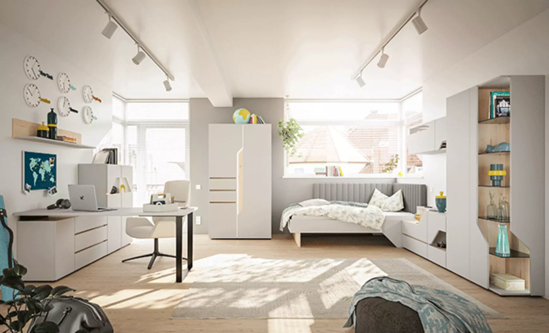 Jugendzimmer mit hellen Farben und einem Schreibtish und einem Bett in der Ecke