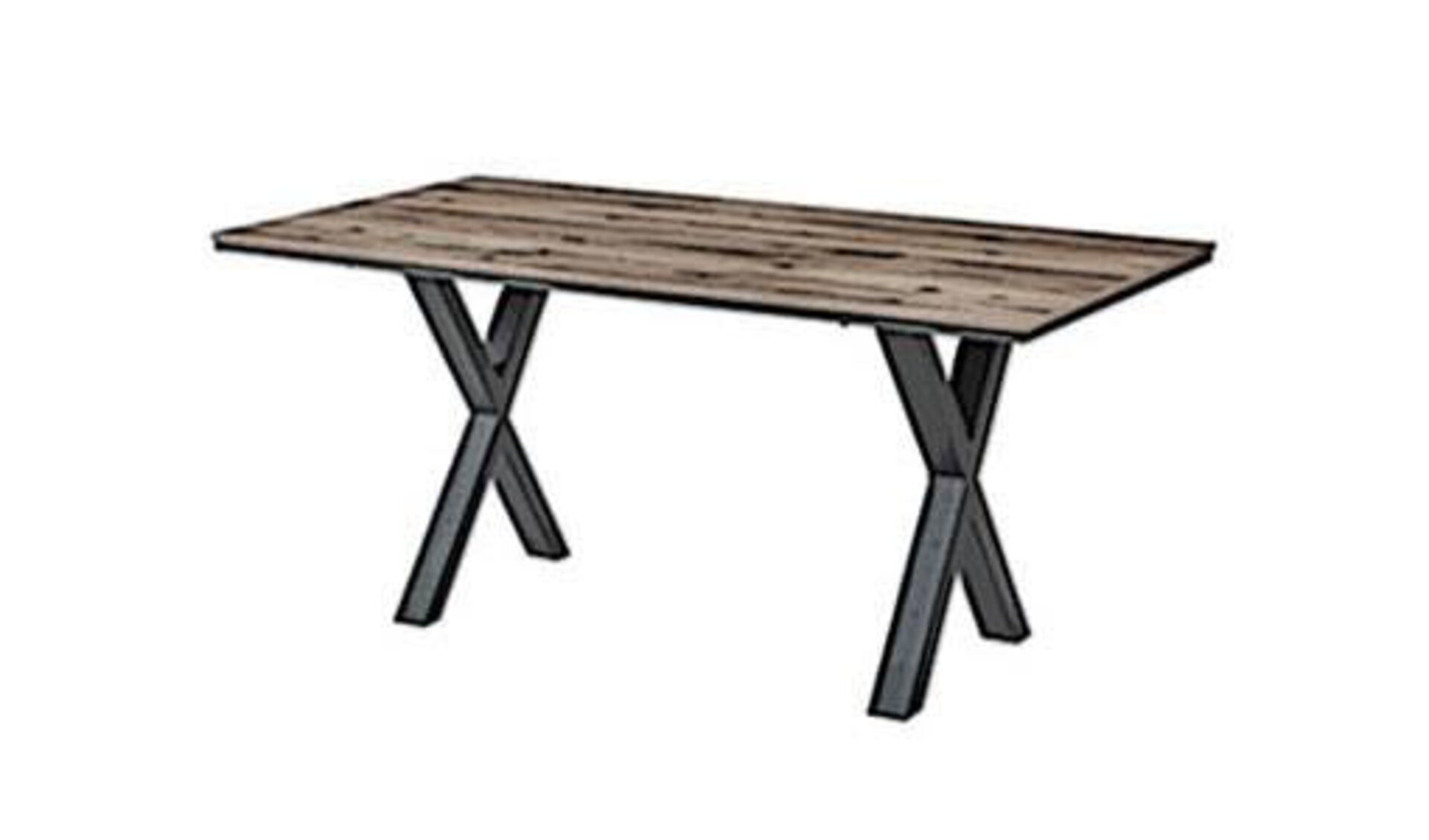 Esstisch mit Tischplatte aus edlem Holz und gekreuzten Metalltischbeinen, die links und rechts jeweils ein "X" bilden. Der stilisierte Esstisch steht für alle Tische innerhalb der Kategorie "Esszimmer".