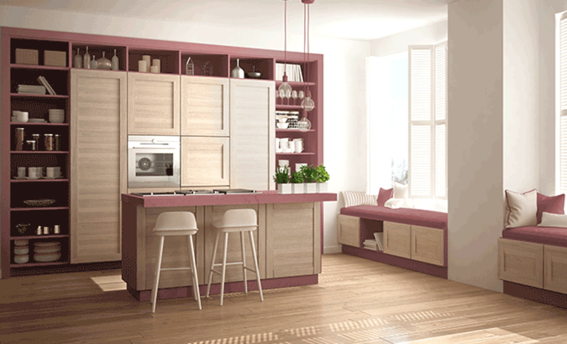 Moderne Küche mit Kücheninsel in Pastellfarben