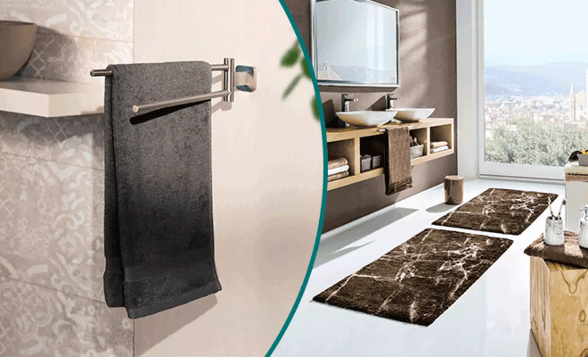 Bild von einer Zusammenstellung von einem Schwarzen Handtuch und einem Badteppich in der Größe 660x400px