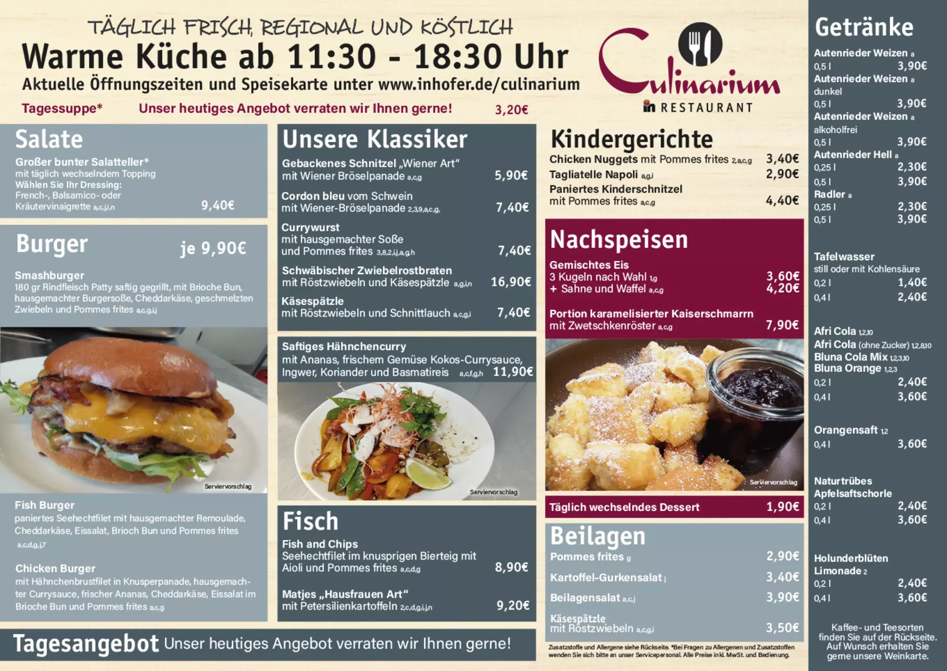 Aktuelle Speisekarte der warmen Küche im Culinarium