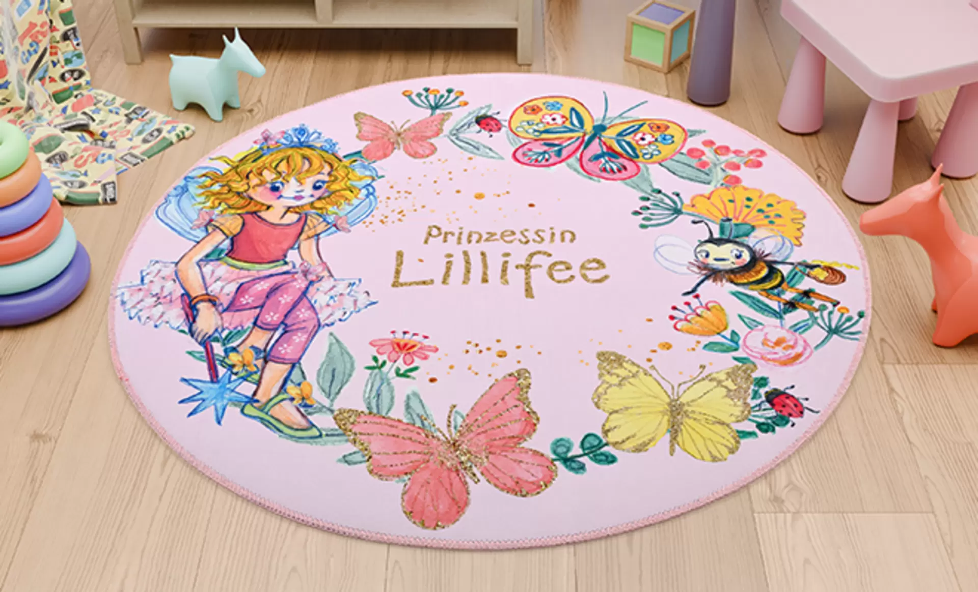 Pinker Runder Kinderteppich von Böing Carpet mit Lilli Fee druck