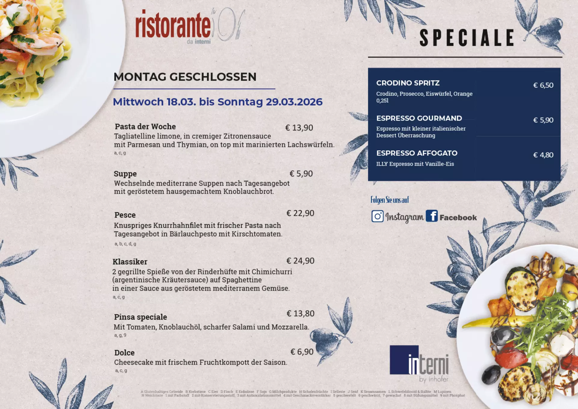 Aktuelle Speisekarte des Ristorante da interni