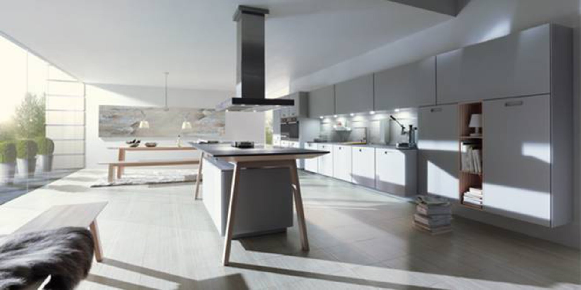Premiumküche von NEXT125. Zu sehen ist eine große Küche in weiß, grau und Holz.
