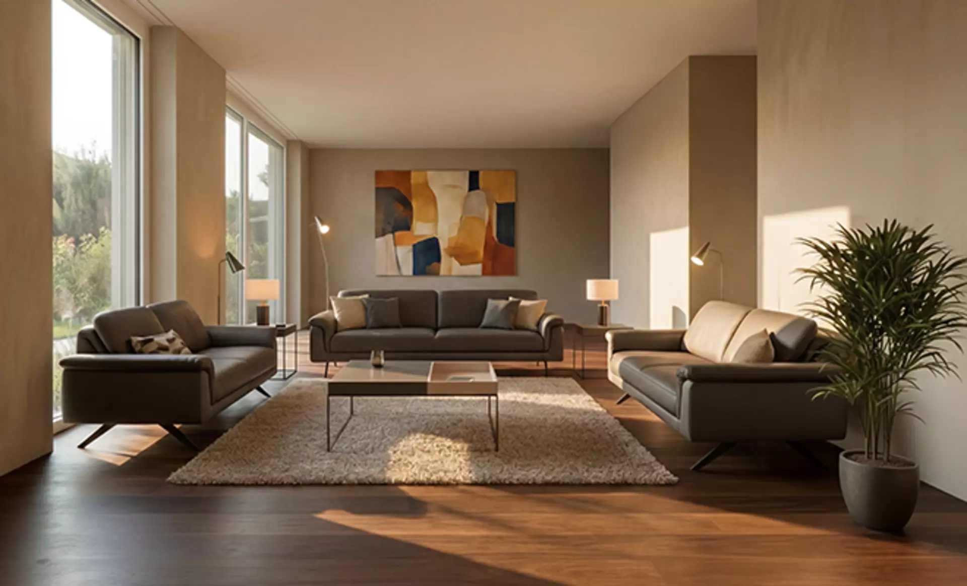 Die Purus 2-sitzer Sofas in einem U angeordnet in einem schönen ooffenen Wohnbereich mit minimalistischem Couchtisch