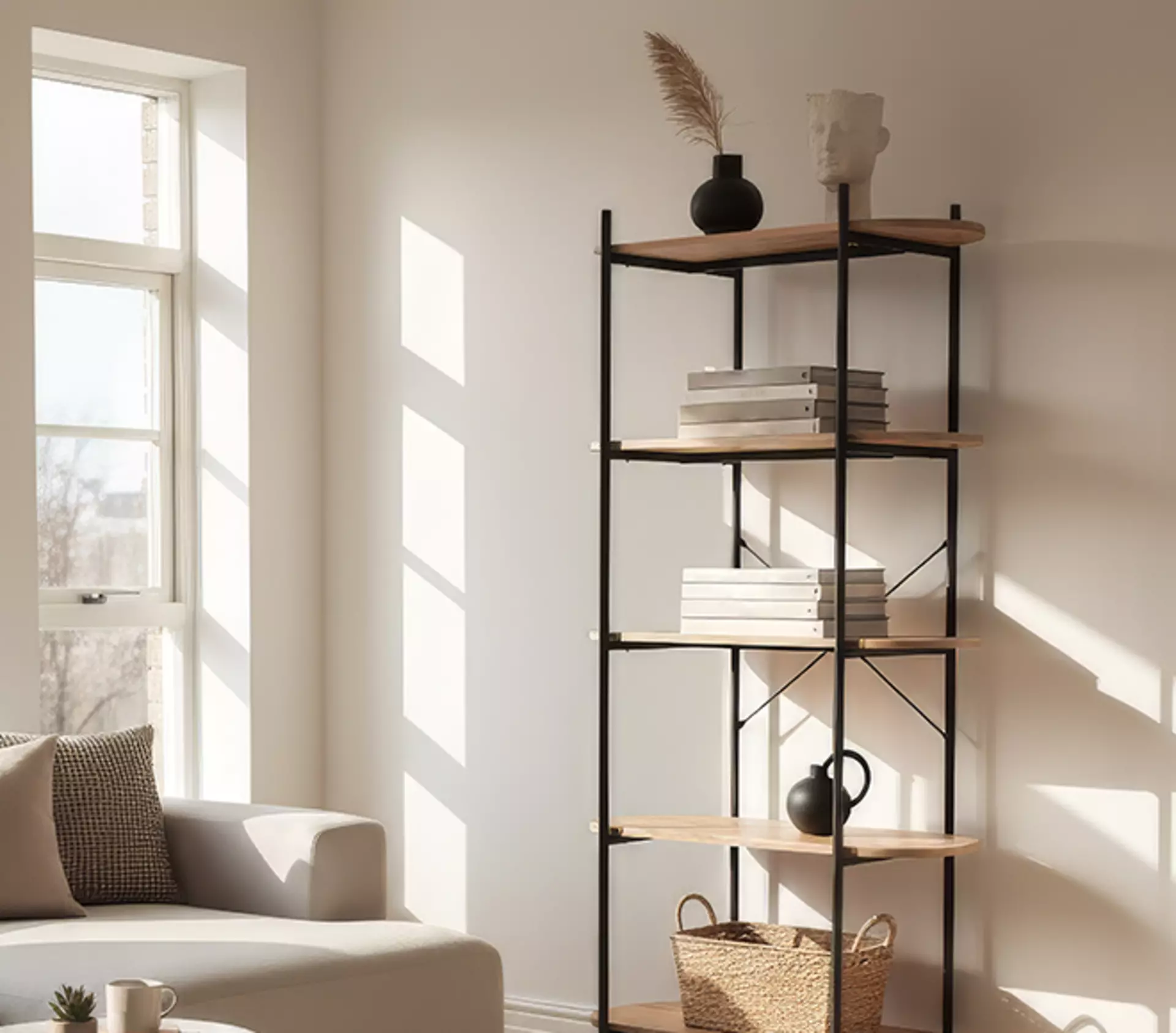 Bücherregal aus Schwarzem Metall und hellem Holz das neben einem Fenster steht an der Wand