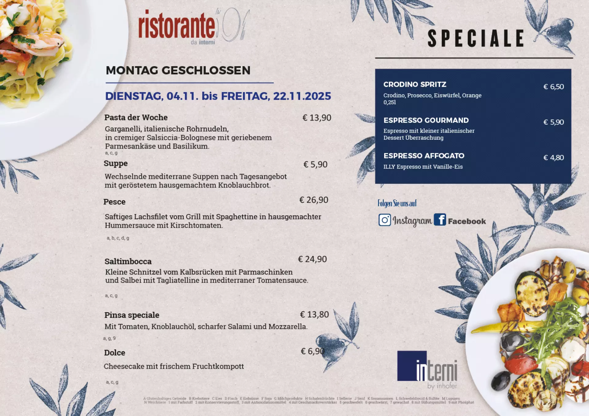 Aktuelle Speisekarte des Ristorante da interni